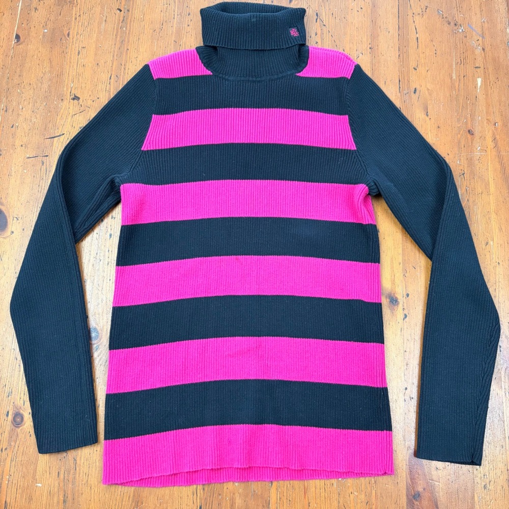 Lauren Ralph Lauren Striped Womens L Turtleneck Sweater Pink Black Ribbed Cotton